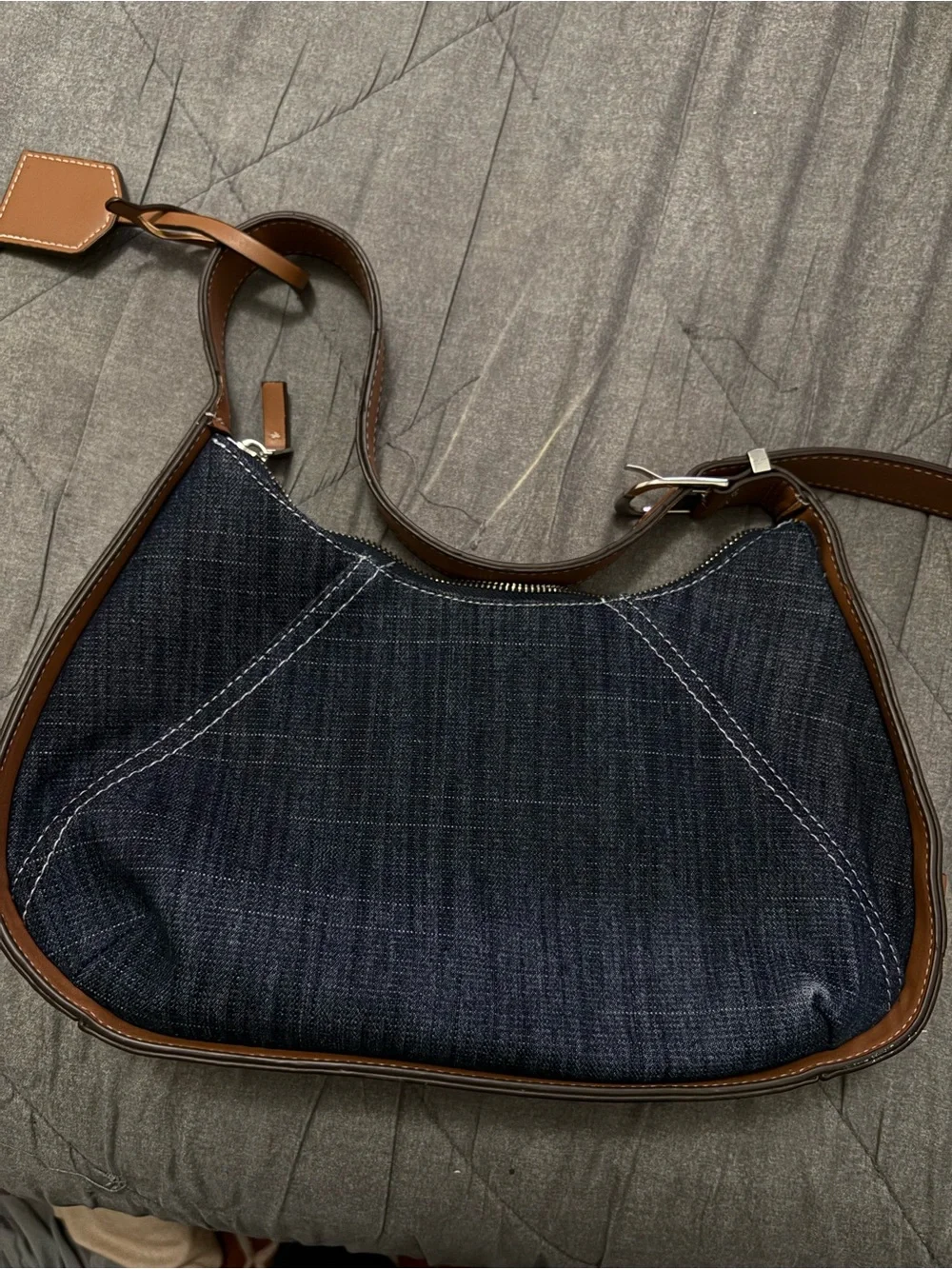 True Religion Navy Denim and Brown Leather Crescent Shoulder Bag